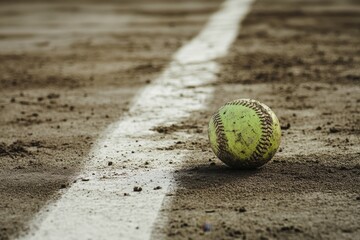Softball resting on dusty infield near baseline.
