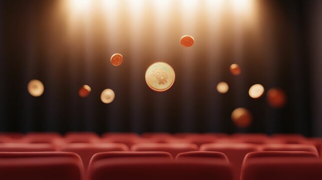 Tax refund projection event in virtual theater 3d coins in orbit creative environment captivating viewpoint for financial insights