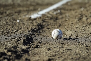 Baseball resting in dusty infield dirt near baseline.