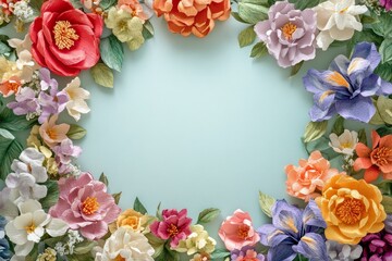 Colorful paper flowers arranged in a circular frame on a light blue background, leaving a central empty space.