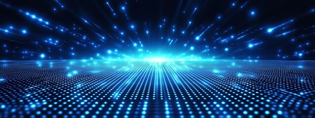 Naklejka premium Abstract blue digital data stream converging towards a bright horizon.