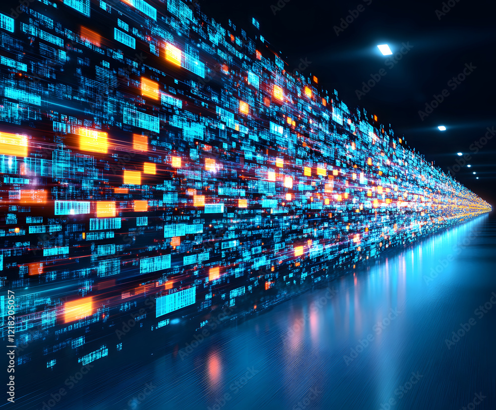 Aufkleber digital data flow in vibrant blue and orange colors, creating a futuristic tunnel effect
