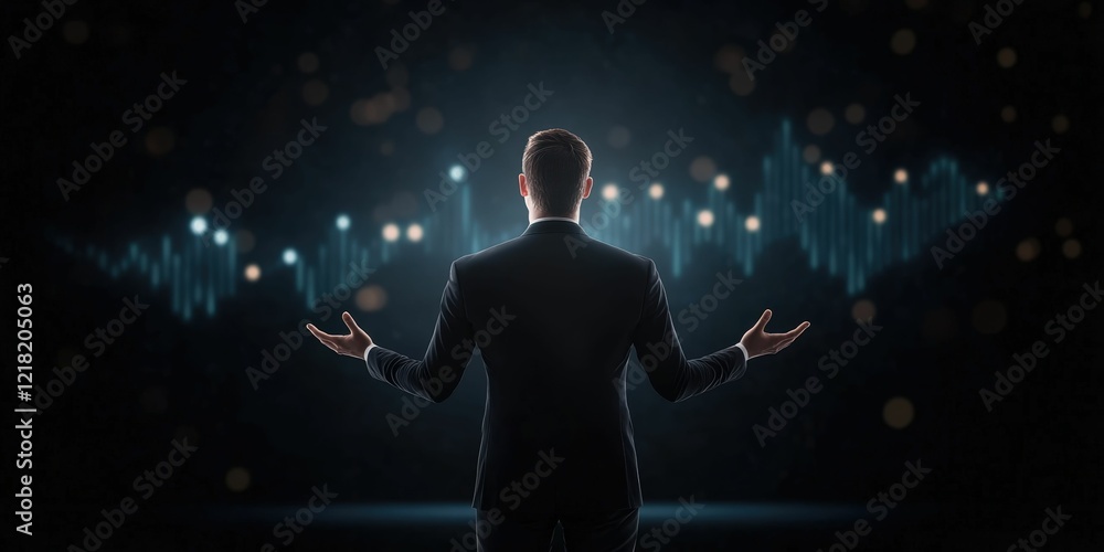 Poster financial insights presentation by banker on modern stage with data visualization in dark environmen
