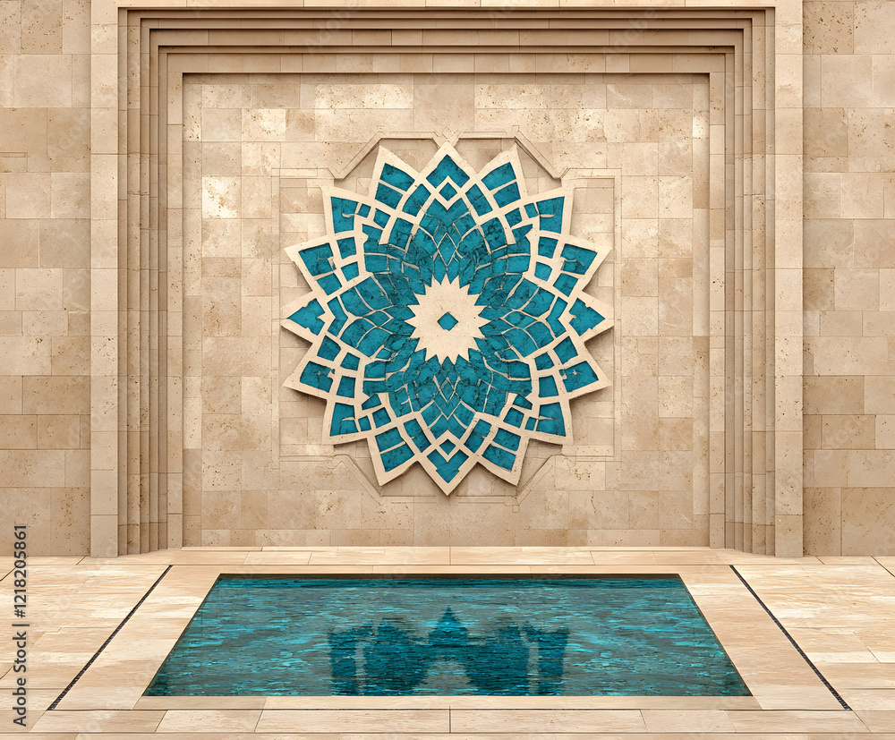 Poster elegant mosaic art with turquoise patterns above a serene pool