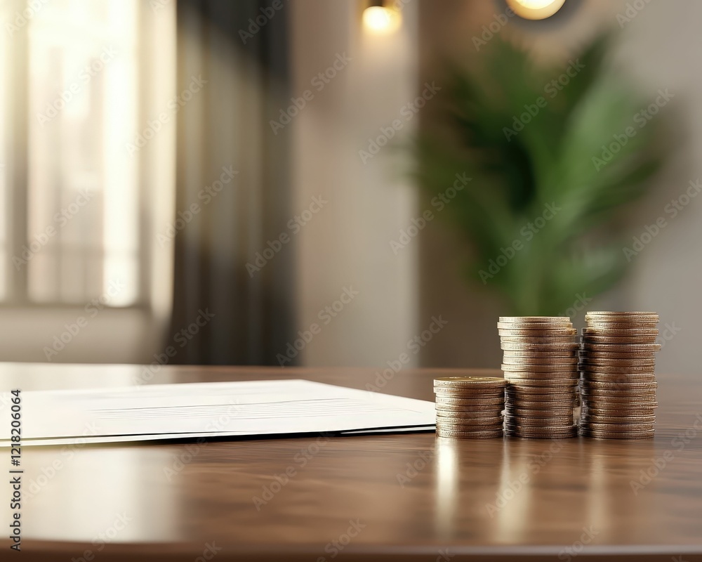 Poster traditional bank counter displaying neatly stacked coins and documents office setting close-up view 