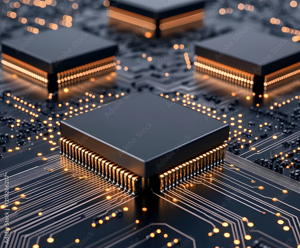 Poster close-up of computer chips on a circuit board with glowing connections