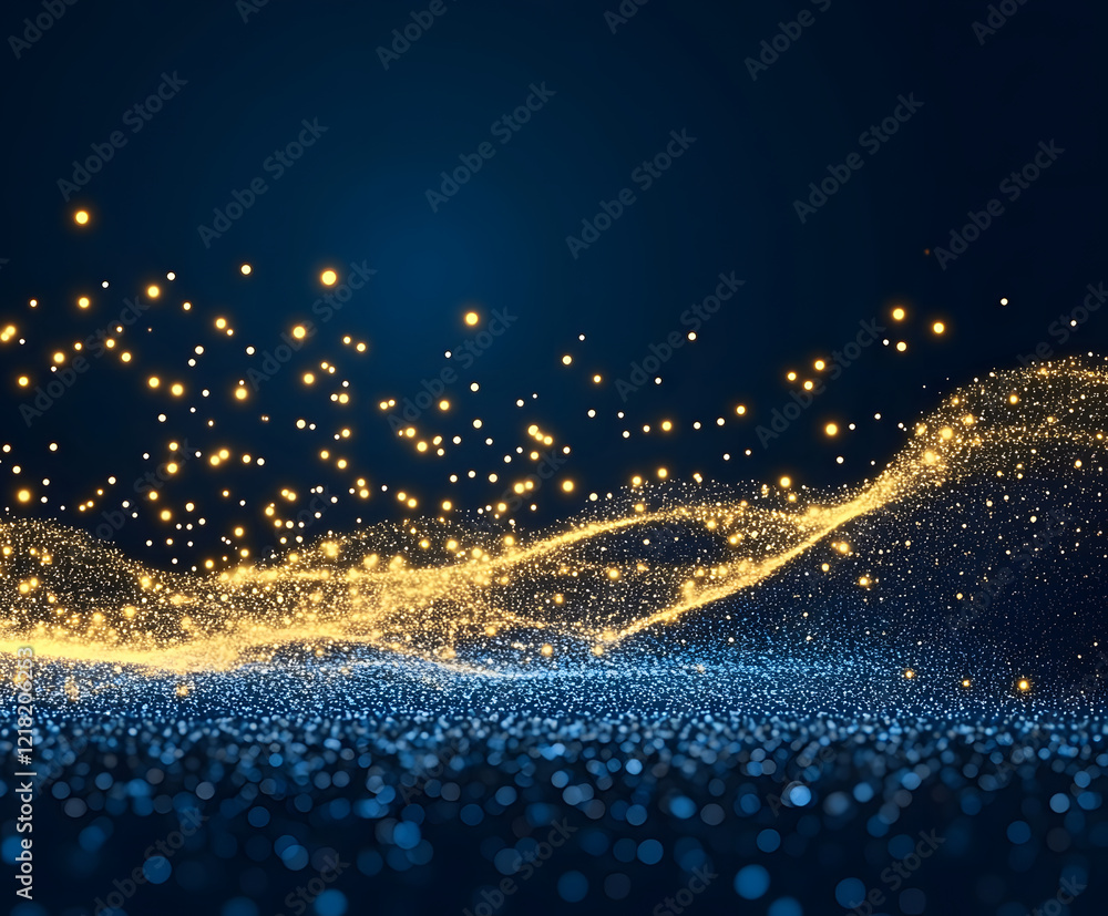 Aufkleber Illuminated particles create a dynamic wave design in blue and gold on a dark background