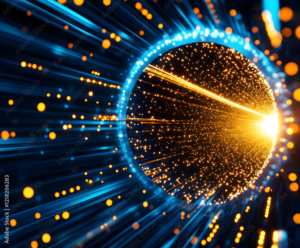 Poster vibrant abstract light trails converging towards a glowing orb at the center