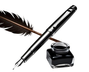 Elegant Fountain Pen and Quill with Inkwell