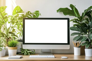Modern workspace with blank computer screen surrounded by lush greenery.
