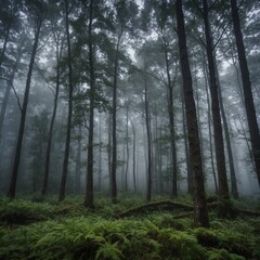 Fototapeta premium A misty morning in a quiet, untouched woodland.