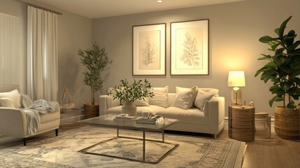 A 3D render of a living room with an ISO A paper size frame mockup on a wall, featuring neutral decor, a glass coffee table, and a large rug