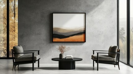 A 3D render of a minimalist living room featuring an ISO A paper size frame mockup, a concrete wall, and a sleek black coffee table
