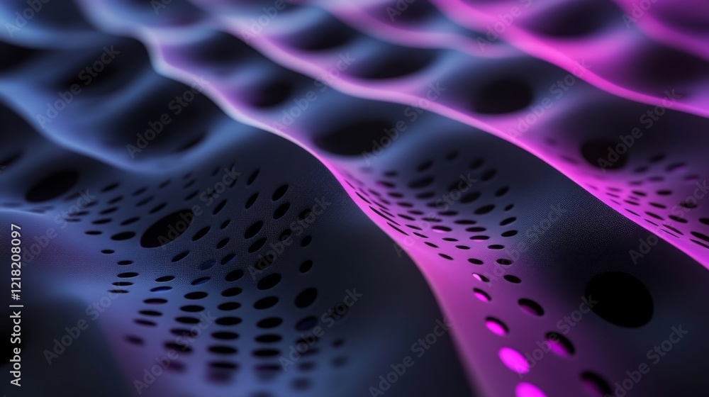 Poster abstract wavy surface with perforated pattern and neon glow