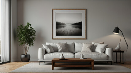 AI generative. 3d render of minimal design of frame mockup in living room with white atmosphere. 11