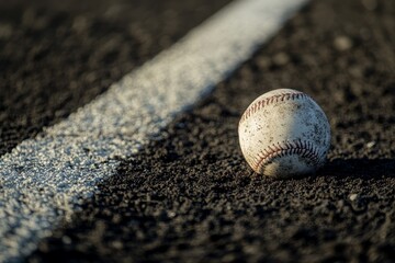 Dirty baseball on the infield dirt near the foul line.