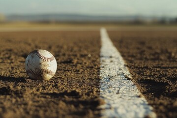 Baseball on dusty infield dirt near the foul line.