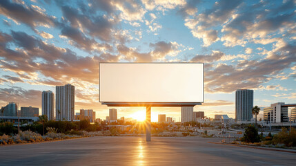 large blank billboard stands against vibrant sunset skyline