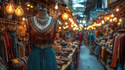 Obraz premium Vibrant Bohemian Fashion Display in a Bustling Market with Soft Bokeh Lights