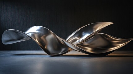 A 3D rendering of sharp-edged abstract metal curves with a gunmetal finish, highlighted by dramatic contrast lighting