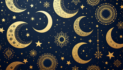 Golden Celestial Moons Stars and Mandala Night Sky Design
