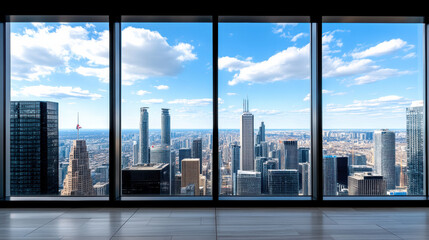 Fototapeta premium stunning city skyline view through large windows, showcasing modern architecture and blue skies