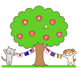 アルファベット入りのリンゴの木と犬と猫（日本の旗入り）