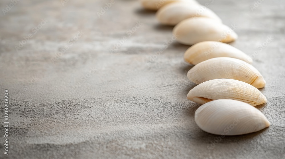 Poster white seashells arranged in a neat row on grey surface