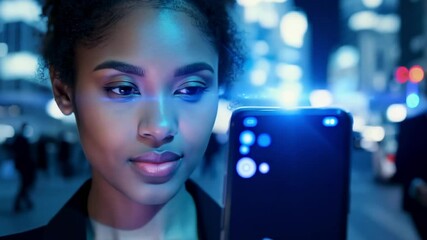A serious African American businesswoman with a smartphone in the night downtown. A confident woman showcases her leadership skills in the vibrant downtown scene.