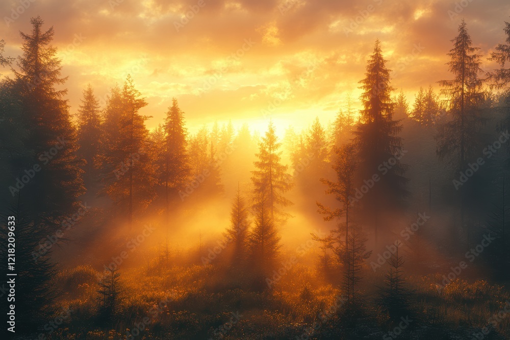 Poster a breathtaking sunrise illuminates a dense forest, with towering trees enveloped in mist, creating a