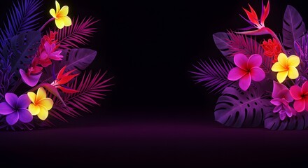 Lush tropical flowers and leaves with a glowing neon aesthetic against a dark background. with wide textspace or copyspace