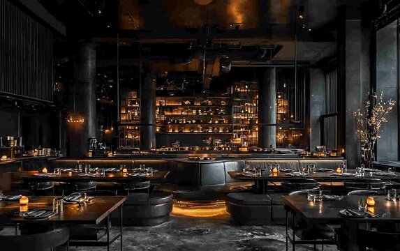 Dark, moody bar and restaurant interior with low lighting, sleek furniture, and a large back bar.
