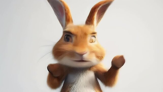 Cute cartoon bunny rabbit with arms crossed, looking directly at camera against a light grey background.