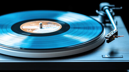close up of vinyl record spinning on turntable, showcasing high fidelity sound