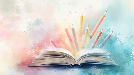 Vibrant splashes of color escape from an open book with pencil, A levitating open book with colorful spots on watercolor background, Colorful watercolor book effects artistic pencil.