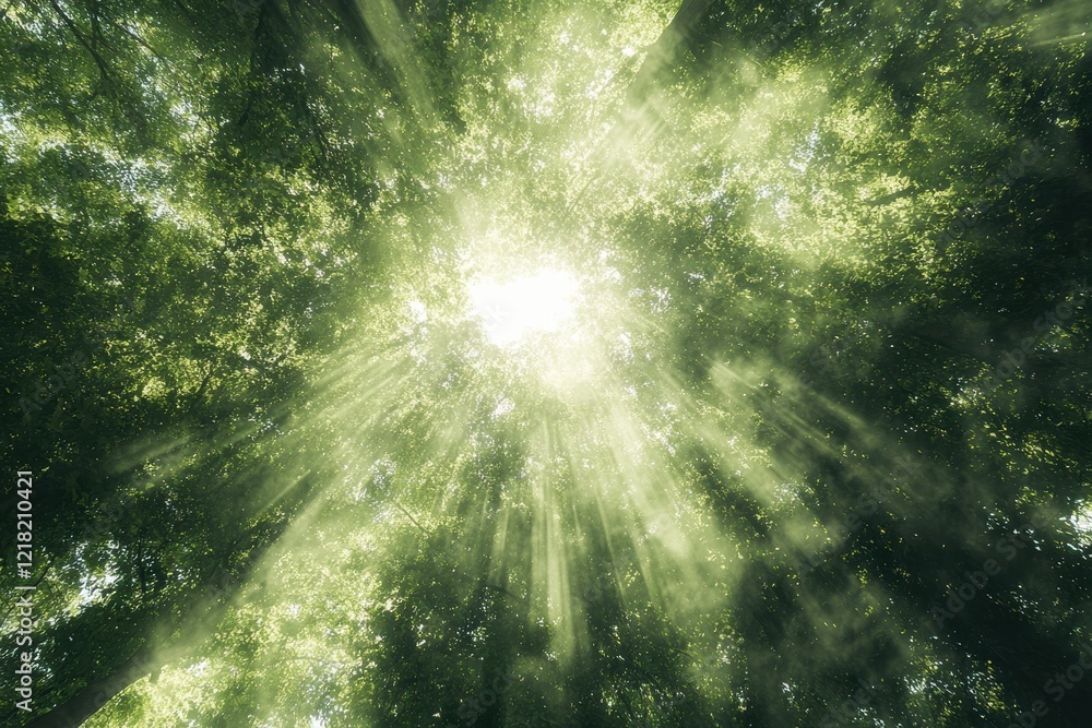 Poster a breathtaking view of sunlight streaming through lush green foliage, creating a serene and enchanti