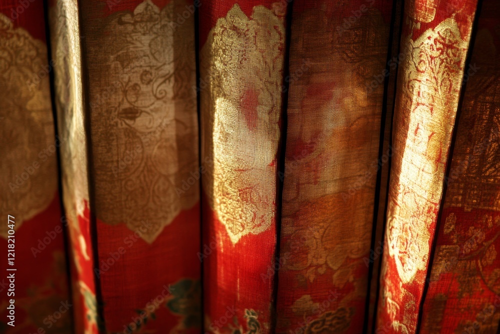 Poster close-up view of decorative antique fabric textiles with intricate patterns and warm light creating 