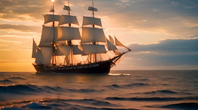 An old sailing ship with high masts, its weathered wood glowing under a golden sunset