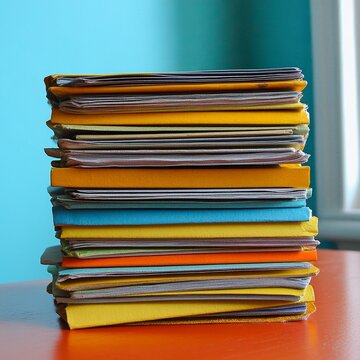 Colorful Stacked Notebooks and Folders on a Vibrant Orange Tabletop Against a Bright Blue Wall Enhancing Creativity and Organization in Workspaces