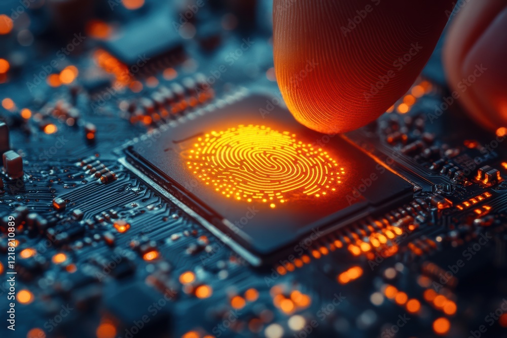 Poster a close-up of a finger touching a glowing fingerprint sensor on a circuit board, highlighting advanc