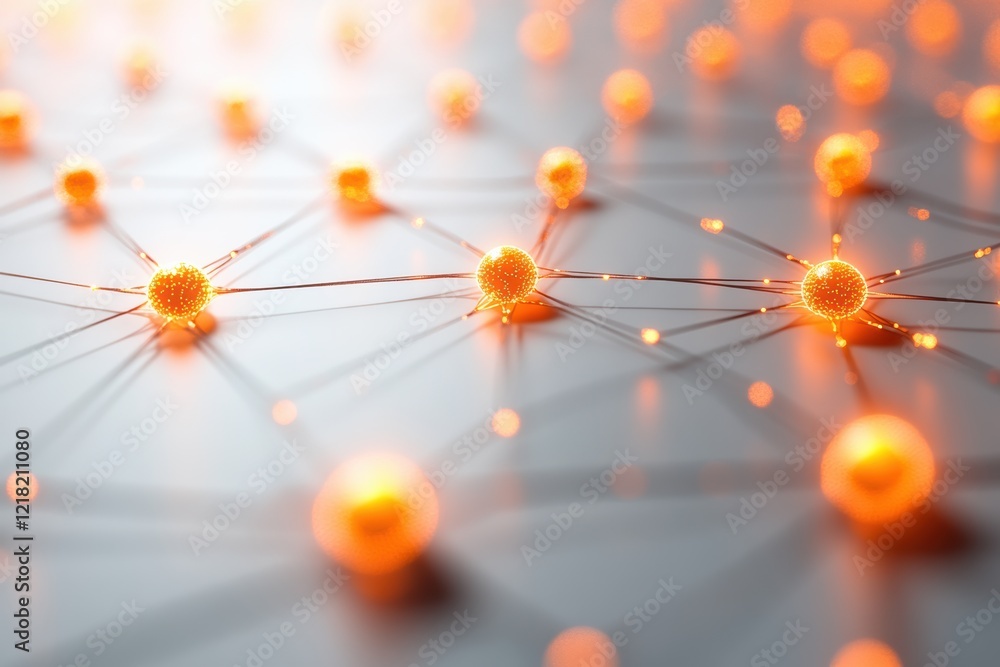 Fototapete a close-up view of interconnected nodes representing a digital network. the glowing orange spheres s
