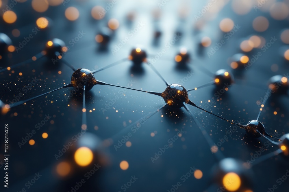 Aufkleber A detailed close-up of interconnected nodes and glowing particles, representing advanced technology and innovation in a digital network.