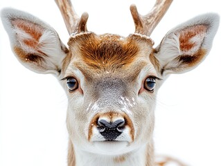 Obraz premium Close-up of a deer with antlers against a snowy background.
