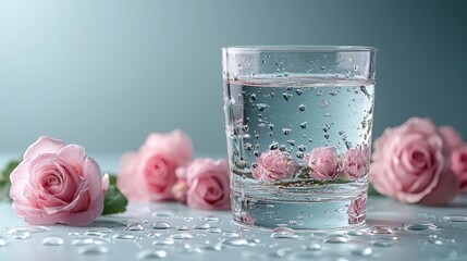 Sparkling water glass with pink roses, blue background, refreshing drink