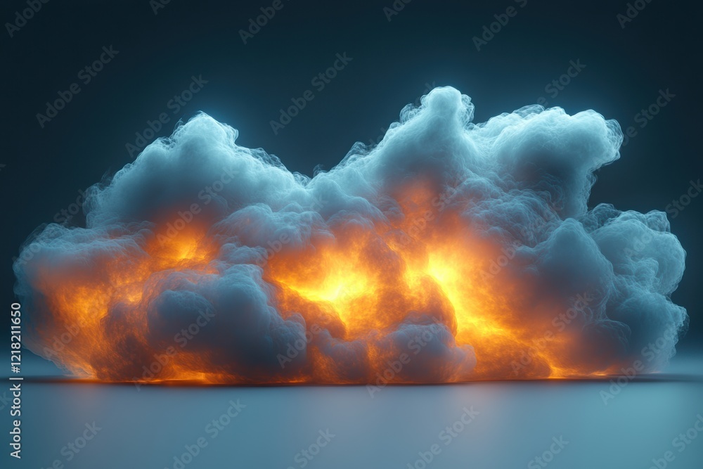 Poster a dramatic scene featuring a glowing cloud, illuminated with fiery hues. this captivating image show