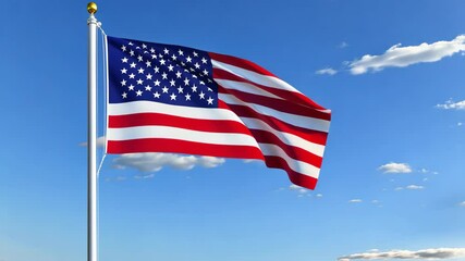 U.S. flag waving against a clear blue sky with scattered clouds during the afternoon