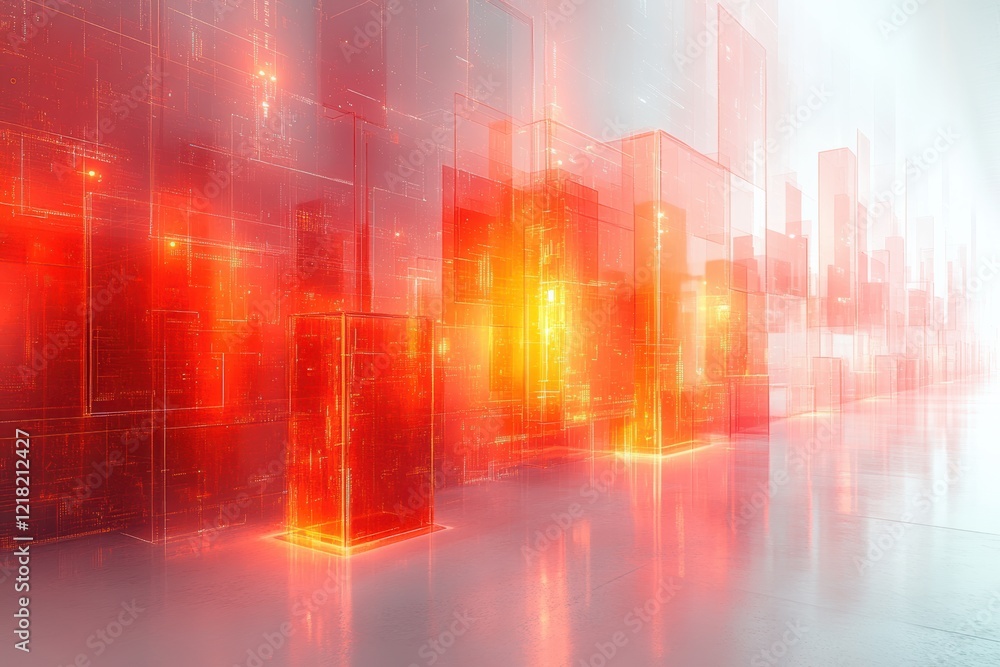 Poster a futuristic scene depicting glowing, translucent structures that create an abstract urban landscape
