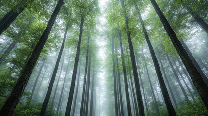 Fototapeta premium Lush green forest with tall trees and mist creating serene atmosphere