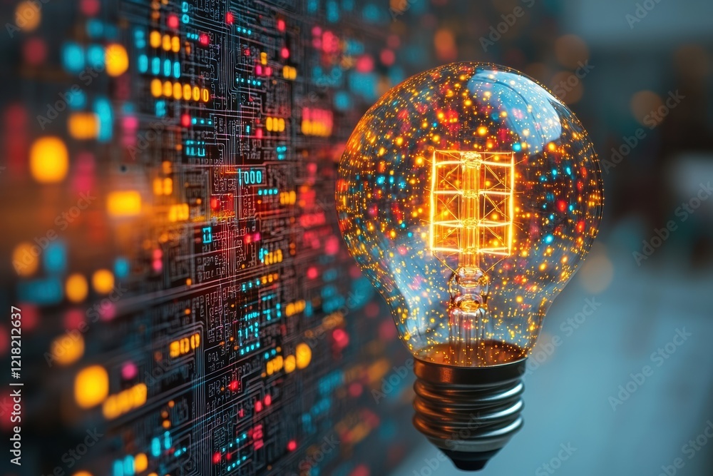 Poster A glowing light bulb showcasing intricate LED patterns and digital circuits, symbolizing innovation and modern technology in a creative concept.