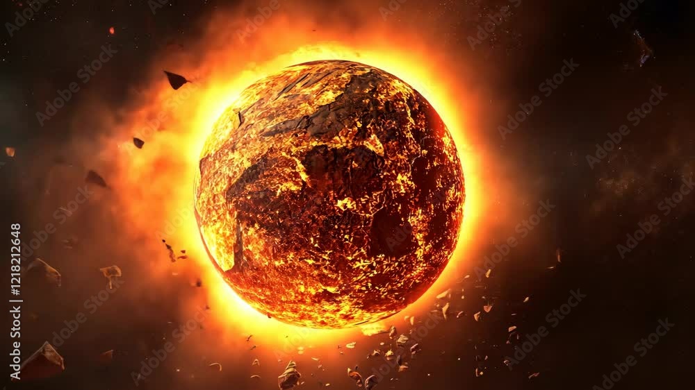 Poster brightly glowing planet surrounded by fiery rocks in a cosmic setting during a celestial event